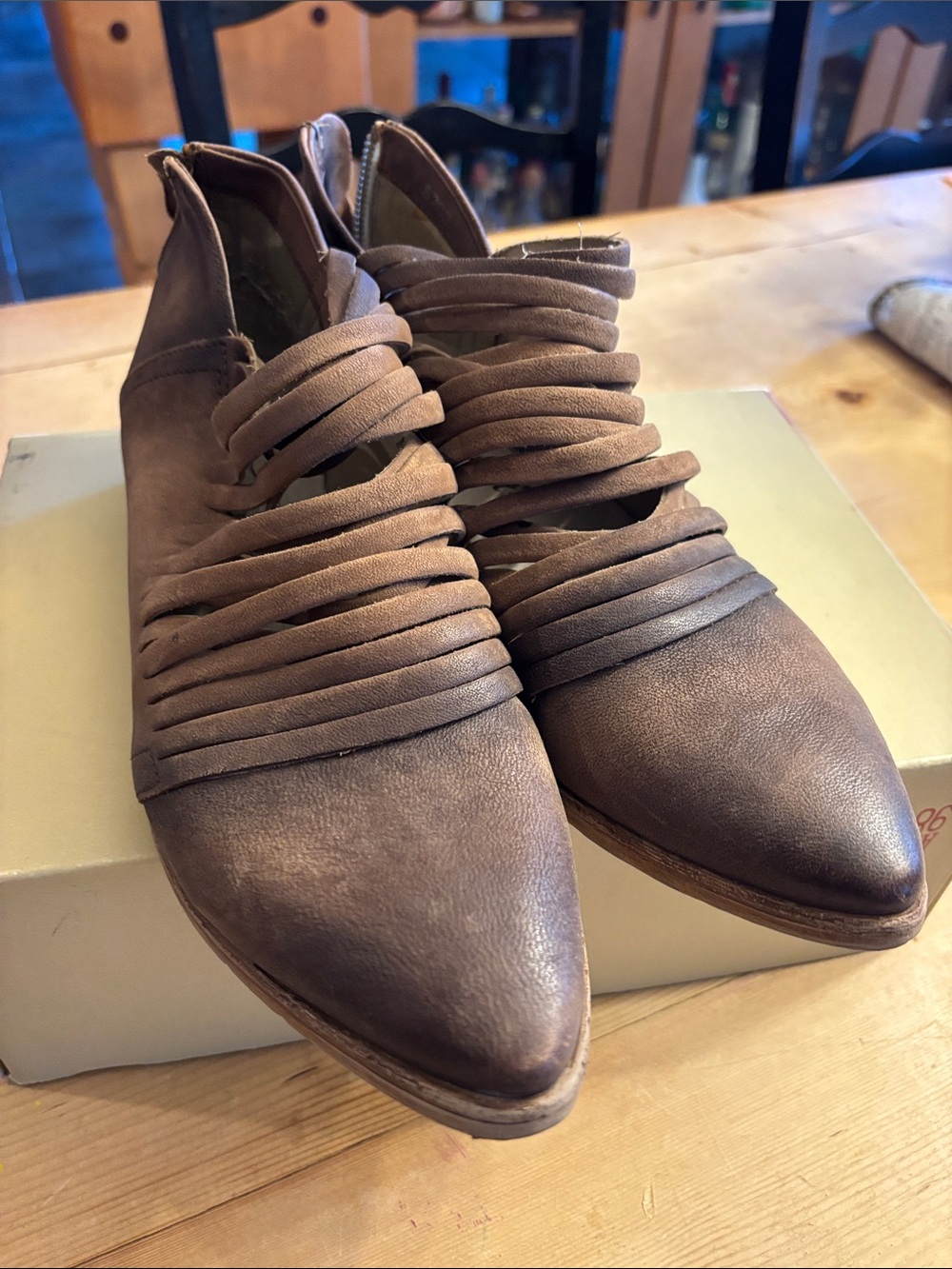 Free People Brown Pointed Ankle Booties with Wrapped Straps